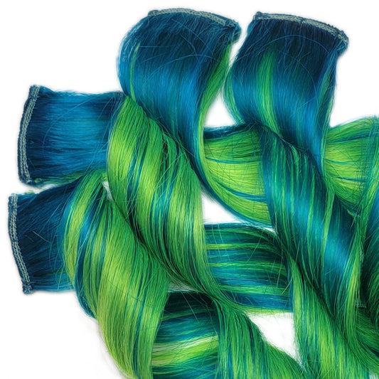 Lime Spell Aqua Blue and Lime Green Clip in Human Hair Extensions Highlights