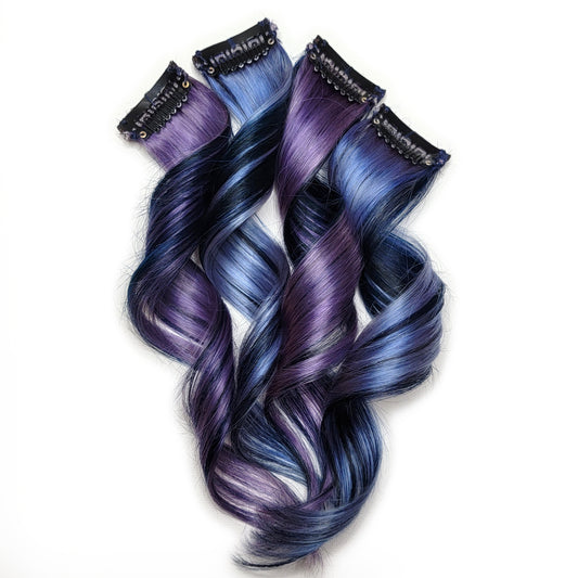 14 inch Moonlight Blue and Purple Clip in Human Hair Extensions Highlights (Ready to Ship)