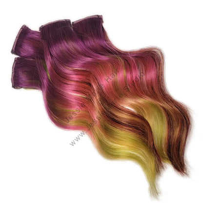 purple pink and green ombre hair with copper and burgundy highlights