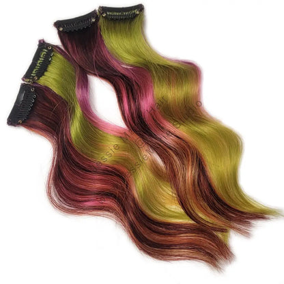 copper and burgundy unicorn rainbow colored hair with purple pink and green ombre