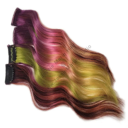 colored hair - purple pink and green sunset hair