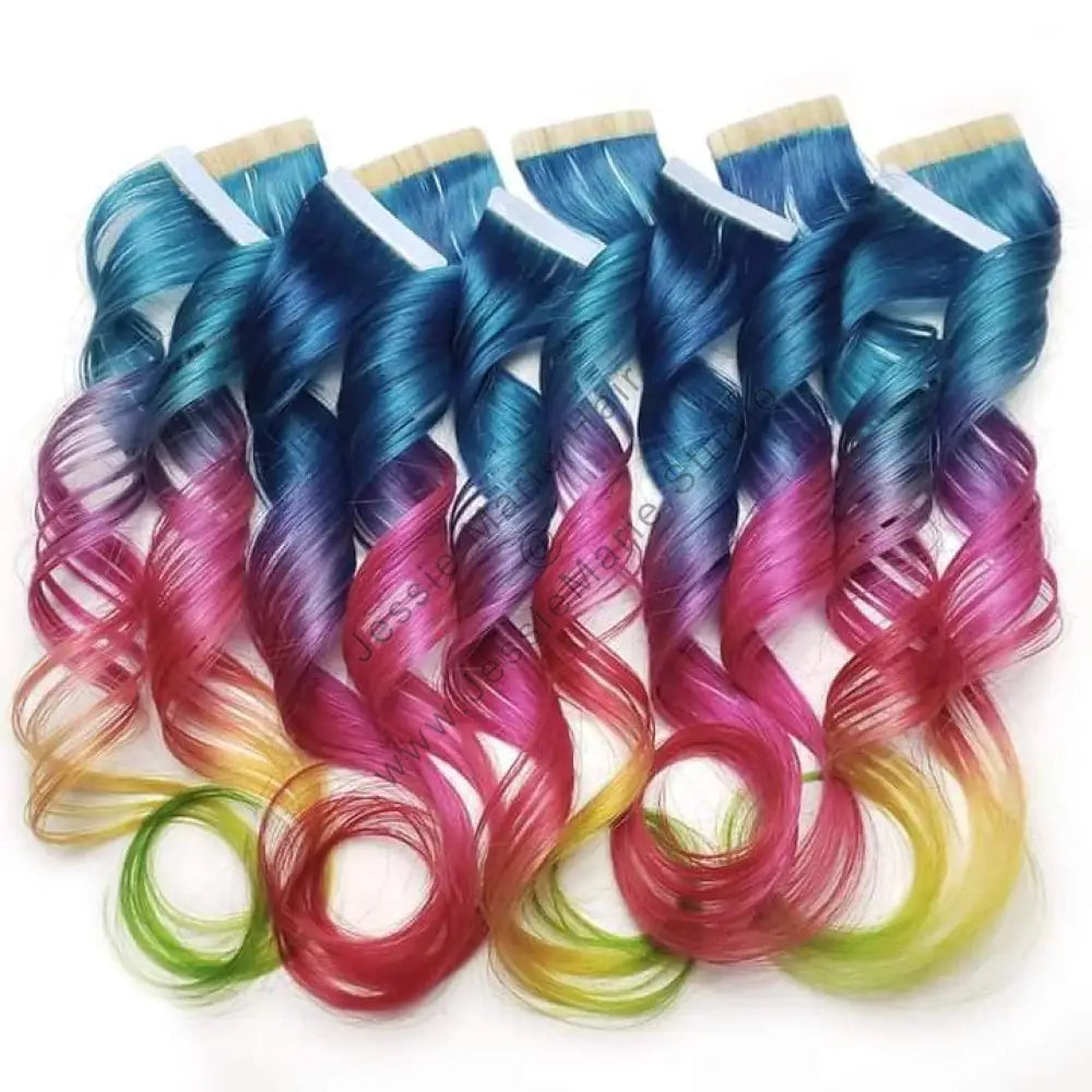 Blue rainbow remy tape in human hair extensions