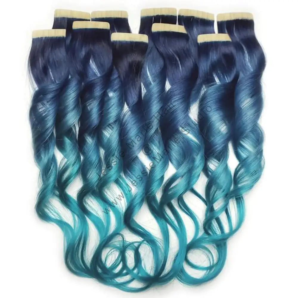 Dark Blue to Aqua Blue ombre remy tape in human hair extensions