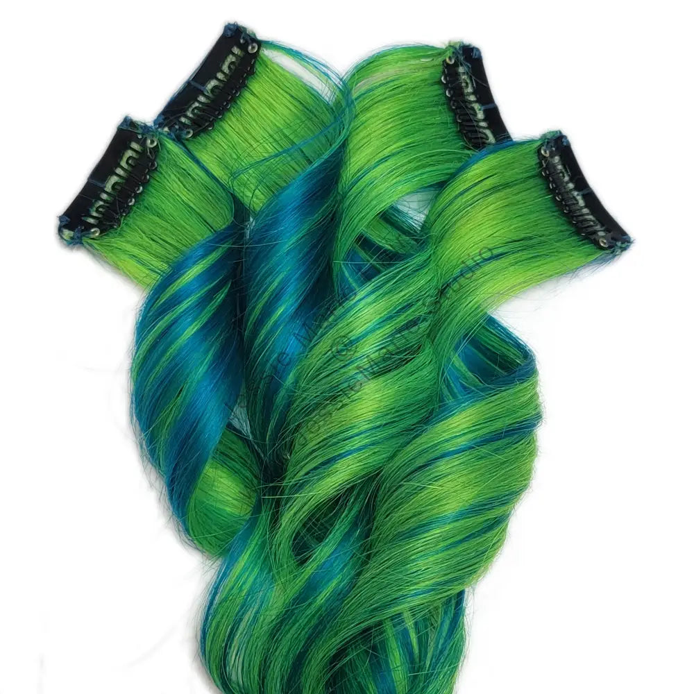 teal blue and neon green hair