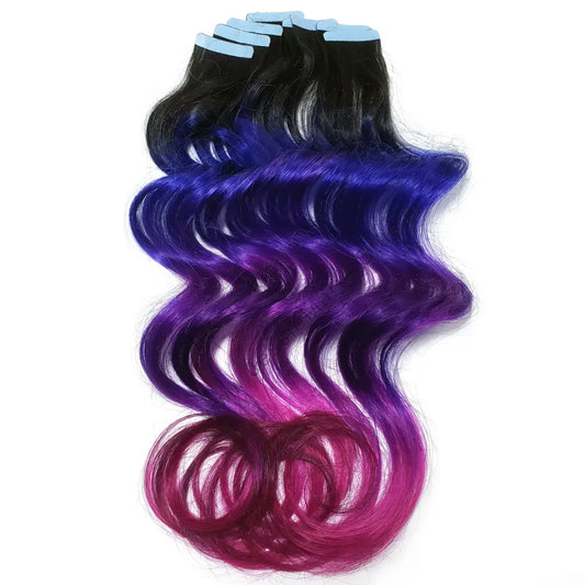 Blue Pink and Burgundy remy tape in human hair extensions