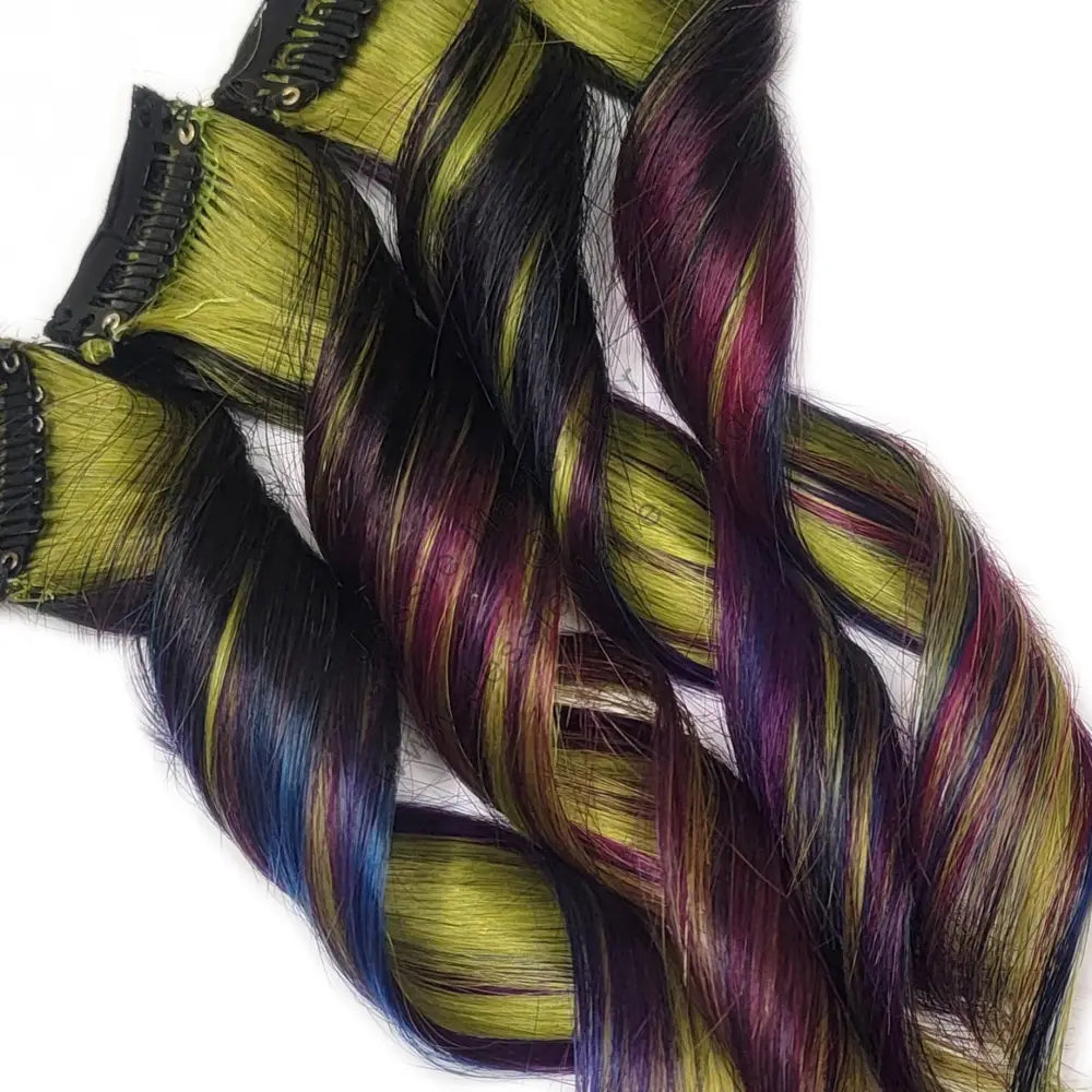 green, purple, fuchsia pink and blue colored ombre hair extensions 