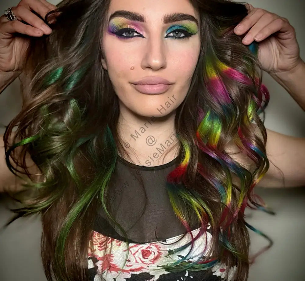 emerald green ombre with Rainbow highlights in brown hair with clip in human hair Hair Extensions by Jessie Marie Studio