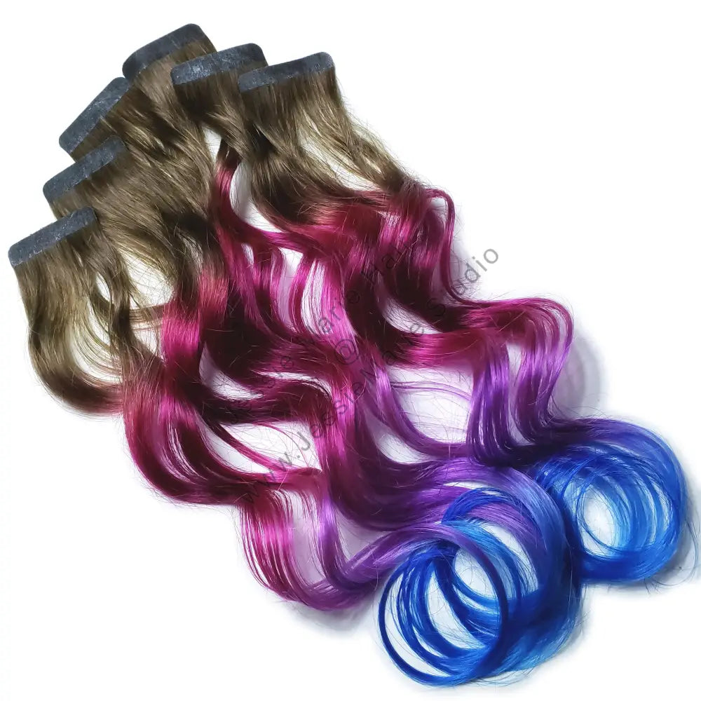 fuchsia purple blue ombre hair with brown root hairstyle