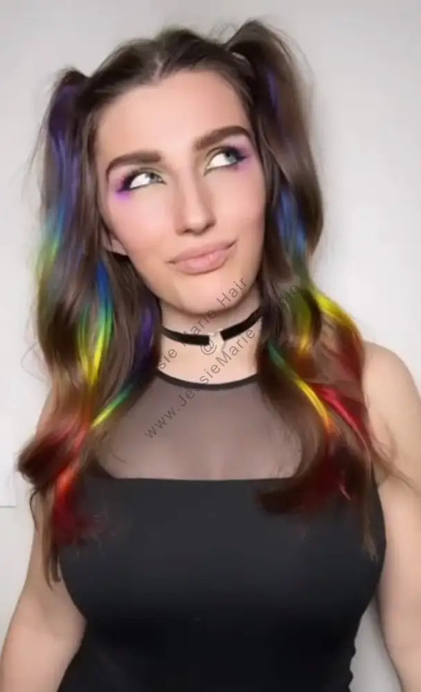 Colorful Rainbow Colored Ombre Highlights in Brown Hair