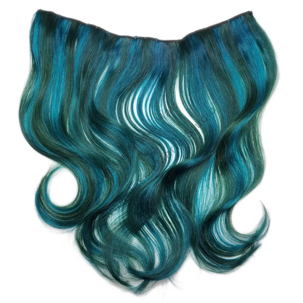 aqua blue and emerald green colored one piece clip in remy human hair extensions