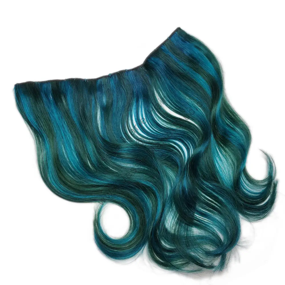 aqua blue and emerald green colored one piece clip in remy human hair extensions