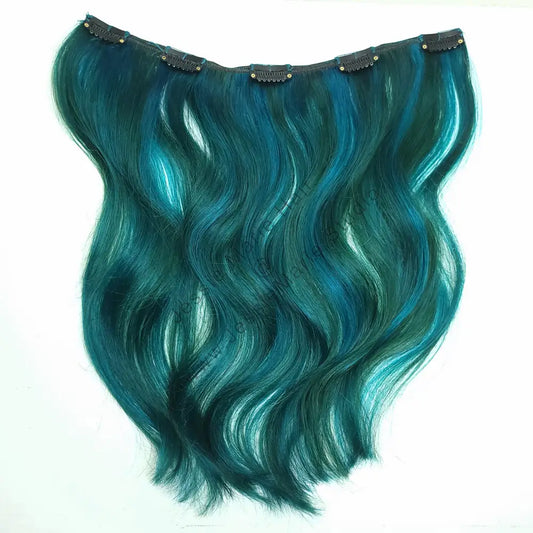 aqua blue and teal colored one piece clip in remy human hair extensions