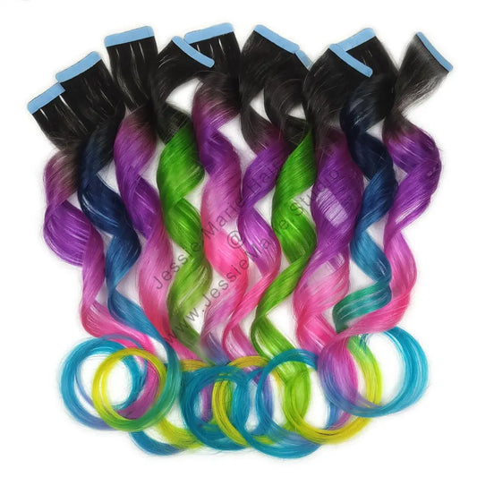 purple pink and blue unicorn colored tape in human hair extensions