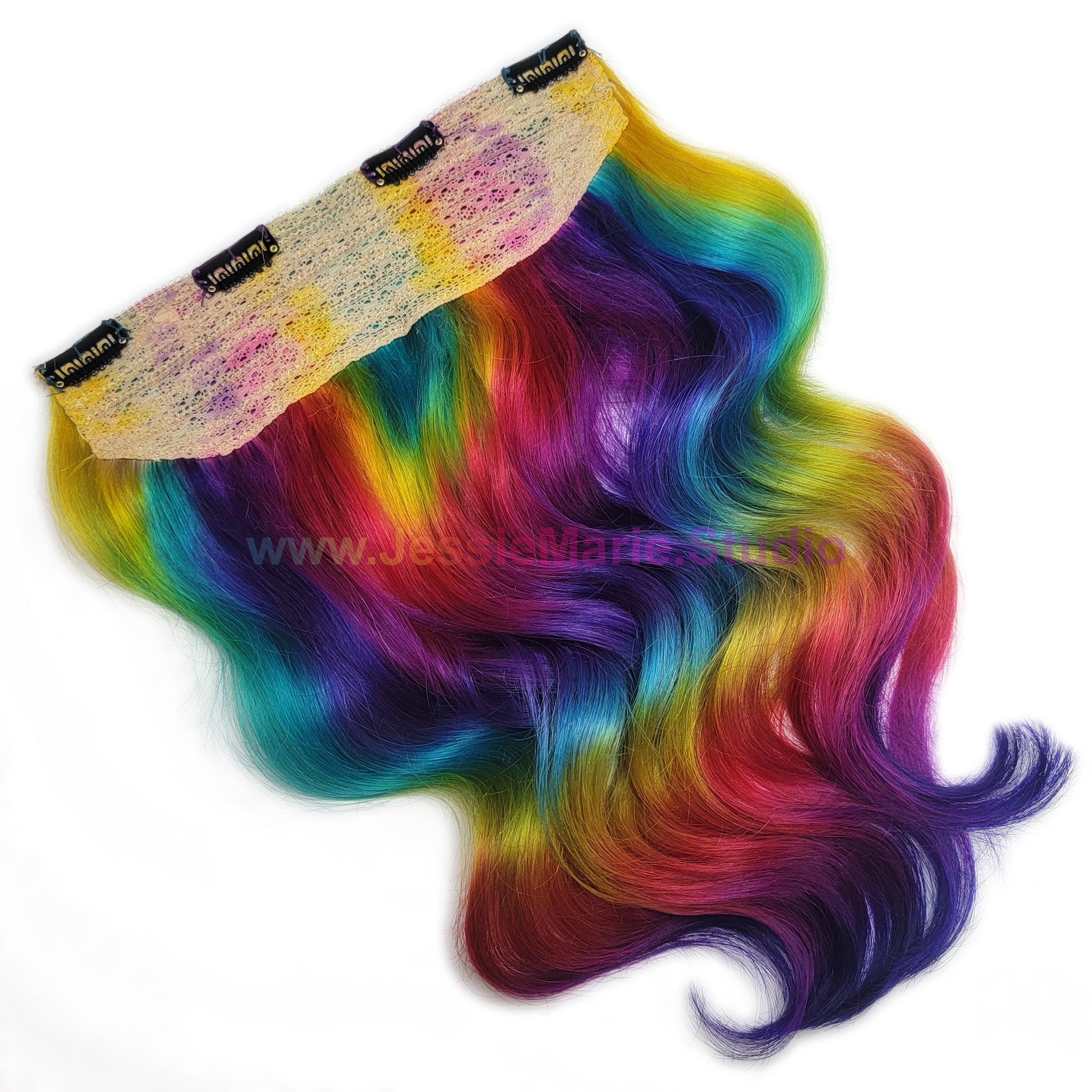 Rainbow Colored Halo Human Hair Extensions with clips